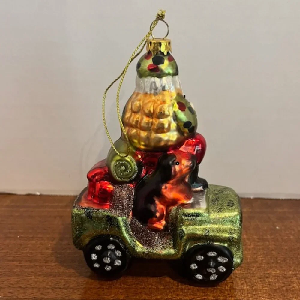 Robert Stanley Glass Ornament Hunting Santa in Camo Jeep with Binoculars Dog